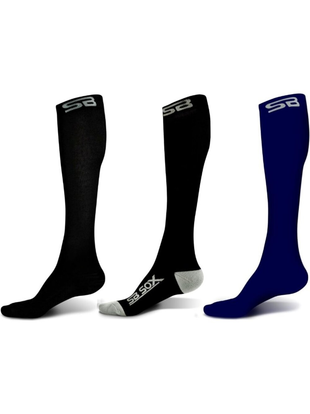 3 Pairs Compression Socks - X-Large, Solid Black, Black/Gray, Solid Navy